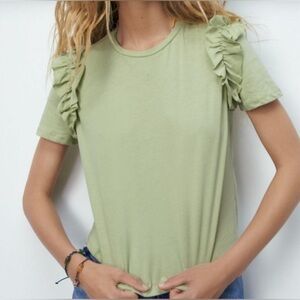 Zara Light Green Short Sleeved Ruffle Sleeve Tee.  Sz L
